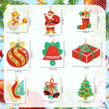 Hicarer 9 Pieces Double Sided Christmas Diamond Art Ornaments 5d DIY Christmas Diamond Painting Keychain Kits for adults Diamond DIY Key Ring Art Pendant Christmas Tree for DIY Christmas Holiday Decor