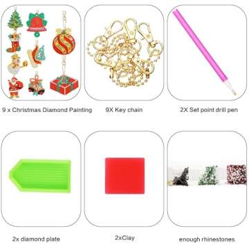 Hicarer 9 Pieces Double Sided Christmas Diamond Art Ornaments 5d DIY Christmas Diamond Painting Keychain Kits for adults Diamond DIY Key Ring Art Pendant Christmas Tree for DIY Christmas Holiday Decor