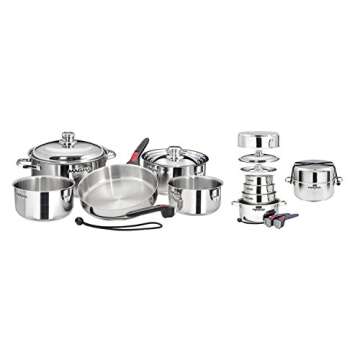 Magma 10 Piece Gourmet Nesting Stainless Steel Cookware Set, Induction Compatible, Oven Safe to 500°F - Suitable for All Stovetops, Removable Handles, Silver