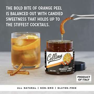 Collins Candied Fruit Orange Peel Twist in Syrup - Perfect for Cocktails & Baking!