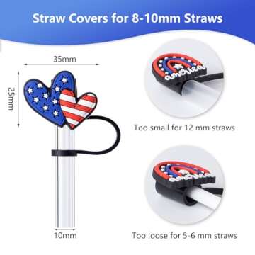 8Pcs 4th of July (USA) Straw Cover Cap for Stanley Cup 40oz/30oz Tumbler, 10mm Reusable Cute Drinking Straw Topper Accessories, Portable Protector Plugs Decorations Gifts for Party Favors