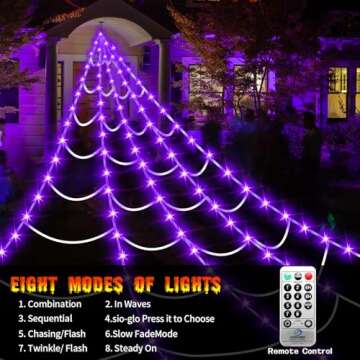 Halloween Decorations Outdoor Spider Web Lights,16.4Ft 220 LED Lighted Spider Web Light up with 8 Modes Waterproof Timer for Yard House Halloween Outdoor Decor Purple Spiderweb