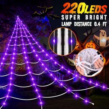 Halloween Decorations Outdoor Spider Web Lights,16.4Ft 220 LED Lighted Spider Web Light up with 8 Modes Waterproof Timer for Yard House Halloween Outdoor Decor Purple Spiderweb