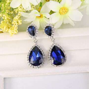 EVER FAITH Women's Austrian Crystal Wedding Tear Drop Dangle Earrings Navy Blue Silver-Tone