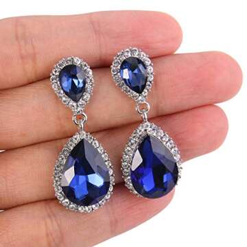 EVER FAITH Women's Austrian Crystal Wedding Tear Drop Dangle Earrings Navy Blue Silver-Tone