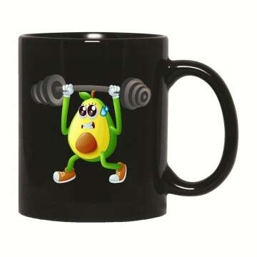 Unique Fitness Lover Gift Design Cartoon Avocado Lifting Weights 11oz 15oz Black Coffee Mug