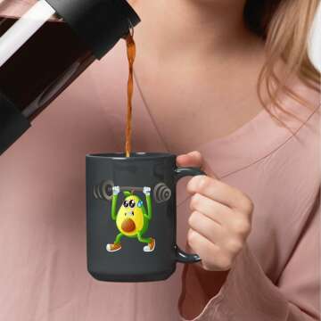 Unique Fitness Lover Gift Design Cartoon Avocado Lifting Weights 11oz 15oz Black Coffee Mug