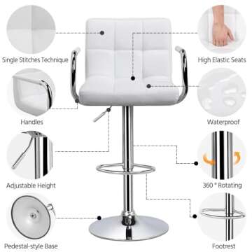 Yaheetech Bar Stools Set of 2, PU Leather Adjustable Swivel Barstools, Hydraulic Kitchen Counter Height Bar Chairs with Armrest and Back for Bar, Kitchen, Dining Room, White