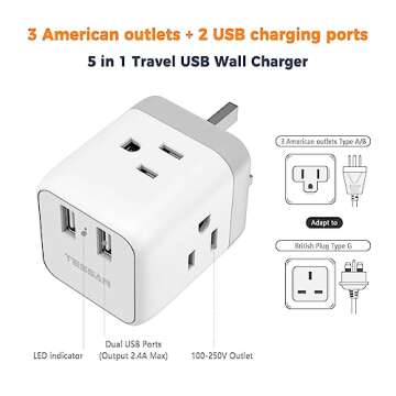 TESSAN US to UK Plug Adapter, Type G UK Travel Plug Adapter, Ireland Scotland Dubai Power Adapter with 3 Outlets and 2 USB Ports, USA to England London British Qatar Kenya Outlet Converter