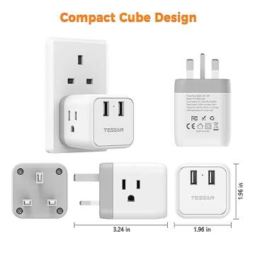 TESSAN US to UK Plug Adapter, Type G UK Travel Plug Adapter, Ireland Scotland Dubai Power Adapter with 3 Outlets and 2 USB Ports, USA to England London British Qatar Kenya Outlet Converter