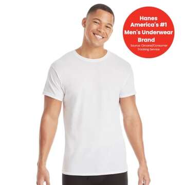 Hanes Mens Cotton, Moisture-wicking Crew Tee Undershirts, Multi-packs, White - 6 Pack, Large US