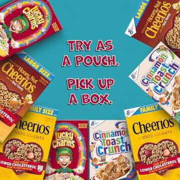 General Mills Breakfast Cereal Variety Pack, Lucky Charms, Cinnamon Toast Crunch, and Cheerios Varieties, Single Serve Snacks, 9.14 oz (8 Pouches)