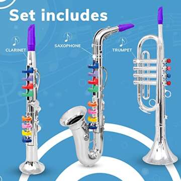 Set of 3 Kids Musical Instruments Toy Clarinet, Toy Saxophone and Toy Trumpet, 3 Wind and Brass Musical Instruments Combo with Over 10 Color Keys Coded Teaching Songs for Toddlers