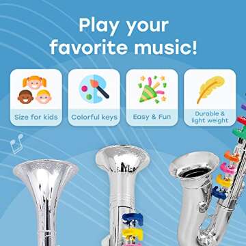 Set of 3 Kids Musical Instruments Toy Clarinet, Toy Saxophone and Toy Trumpet, 3 Wind and Brass Musical Instruments Combo with Over 10 Color Keys Coded Teaching Songs for Toddlers