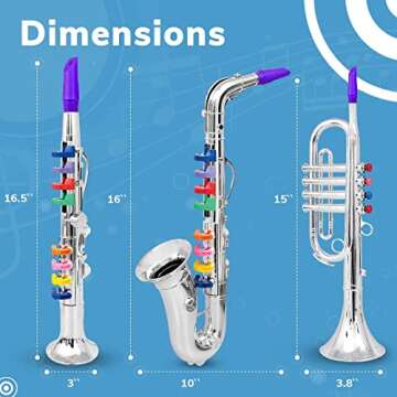 Set of 3 Kids Musical Instruments Toy Clarinet, Toy Saxophone and Toy Trumpet, 3 Wind and Brass Musical Instruments Combo with Over 10 Color Keys Coded Teaching Songs for Toddlers