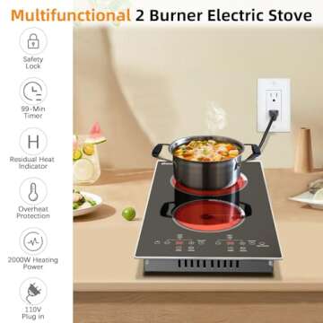 Cooksir Portable Electric Cooktop 2 Burner, 110V Plug in Electric Stovetop with Protective Full Metal Edge, 12 Inch Countertop & Built-in Ceramic Cooktop with Safety Lock, Timer, Sensor Touch