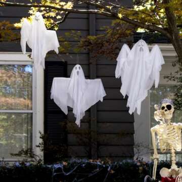 DECORLIFE 3 Pack Hanging Ghosts Halloween Decor - Cute Indoor/Outdoor Flying Ghosts with Adjustable Arms for Trees, Porches, Yards, and Gardens