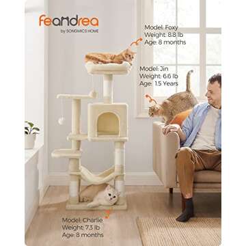 Feandrea Cat Tree, 44.1-Inch Cat Tower for Indoor Cats, Multi-Level Cat Condo with 4 Scratching Posts, 2 Perches, Hammock, Cave, Beige UPCT261M01