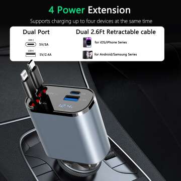 Paiholy 4-in-1 Retractable Car Charger - 100W Fast USB C with Dual Cables & Ports