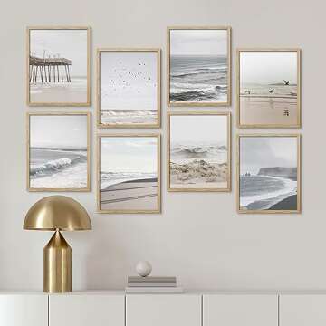 SIGNWIN Framed Poster Wall Art Set of Ocean Beach Seashore Coastals, White Minimalist California Ocean Beach Seashore Pier Nature Wilderness for Living Room, Bedroom, Office - 11"x14"x 8 Natural