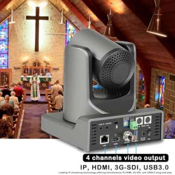 Prisual PTZ Camera 20X Optical Zoom with HDMI/SDI/USB/IP Streaming Outputs, Auto Tracking for Church Worship Live Events Video Recording Facebook YouTube vMix OBS Wirecast PoE Support