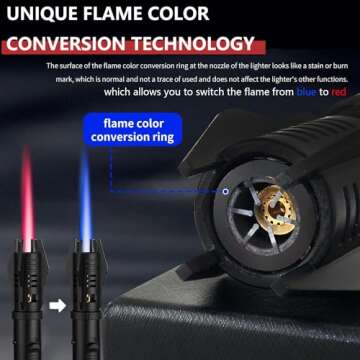 Torch Lighter, Red/Blue Flame Adjustable with Safety Lock, Bright Fire Lighter, Refillable Butane Gas Windproof Jet Flame Cool Lighter, for Candles Grill BBQ Fireplaces Camping Gift for Man