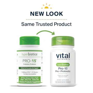 Hyperbiotics Vital Nutrients Pro-15 Pre + Probiotic | 15 Strains| Supports Occasional Constipation, Diarrhea, Gas & Bloating | Immune, Digestive & Gut Health | Shelf-Stable | Vegan | 60 Pearl Tablets