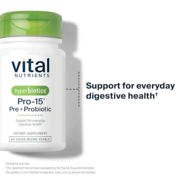 Hyperbiotics Vital Nutrients Pro-15 Pre + Probiotic | 15 Strains| Supports Occasional Constipation, Diarrhea, Gas & Bloating | Immune, Digestive & Gut Health | Shelf-Stable | Vegan | 60 Pearl Tablets