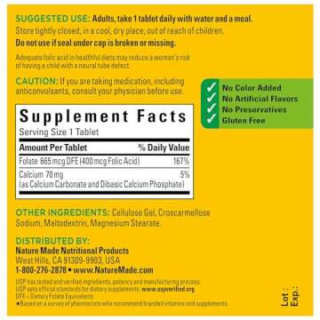 Nature Made Folic Acid 400 mcg (665 mcg DFE), Dietary Supplement for Nervous System Function, 250 Tablets, 250 Day Supply