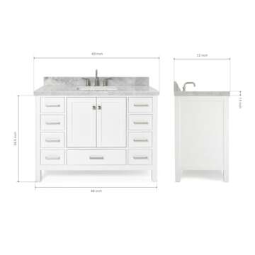 ARIEL Cambridge 49" White Bathroom Vanity with Sink, 1.5" Edge Italian Carrara Marble Countertop & Backsplash, Rectangular Sink, 2 Soft Closing Doors, 9 Full Extension Dovetail Drawers, Brushed Nickel