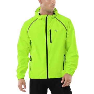 BALEAF Mens Cycling Rain Jacket Windbreaker Waterproof Running Gear Golf Mountain Biking Hood Lightweight Reflective Yellow L