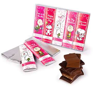 Snoopy Valentine's Chocolate Variety Gift Box, Charlie Brown Snacks, Peanuts Snoopy Gifts for Women, 5 Gourmet Belgian Chocolate Candy Bars 1.75oz Each, Valentine’s Day Gifts for Kids & Family