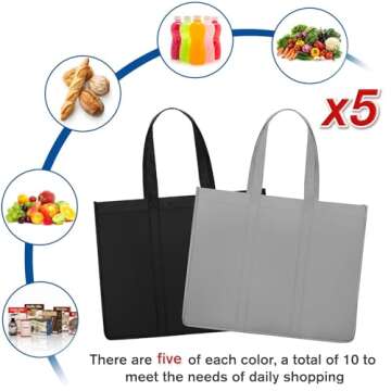 WISELIFE Reusable Grocery Shopping Bags 10 Pack Large Foldable Tote Bags Bulk, Eco Produce Bags with Long Handle for Shopping Groceries Clothes (Grey&Black)