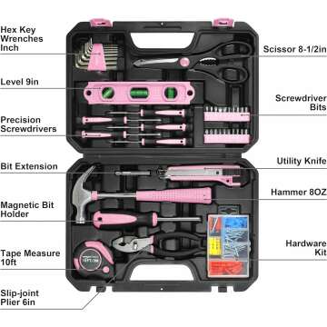 Amazon Basics 142-Piece Tool Kit in Pink - Organized and Ready