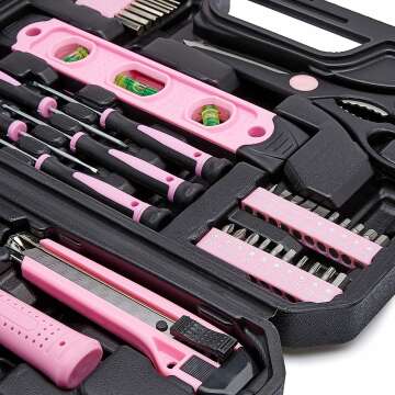 Amazon Basics 142-Piece Tool Kit in Pink - Organized and Ready