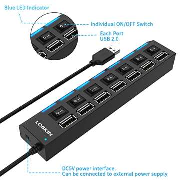 7 Port USB 2.0 Computer Networking Hubs, Ultra Slim Portable Data Hub Individual LED lit Power Switches