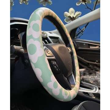 Dotesy Leather Flowers Car Steering Wheel Cover, Fashion Floral Steering Wheel Protector Universal for 36-38cm Anti Slip Auto Interior Decor Protection Accessories for Women (White Green)