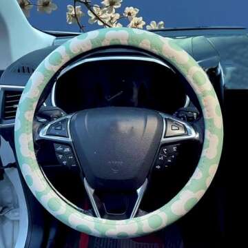 Dotesy Leather Flowers Car Steering Wheel Cover, Fashion Floral Steering Wheel Protector Universal for 36-38cm Anti Slip Auto Interior Decor Protection Accessories for Women (White Green)