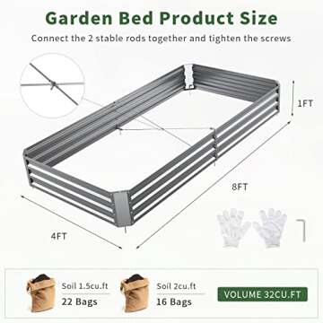 Anyelse 2PCS 4x8x1FT Galvanized Raised Garden Bed Outdoor for Vegetables Flowers Herb, Large Heavy Metal Planter Box Steel Kit with Metal Stake to Fix and Gardening Gloves