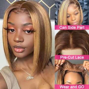 V SHOW Highlight Ombre Wear and Go Glueless Bob Wig Human Hair Pre Plucked Pre Cut Blonde 4/27 Transparent Lace Front Straight Short Bob Wig Human Hair Natural Hairline for Women 12Inch