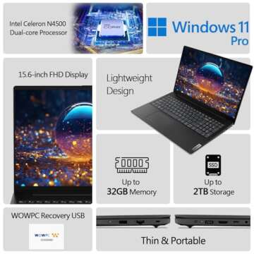 Lenovo New V15 Laptop · 32GB RAM · 1TB SSD · Intel Celeron N4500 Processor · Intel UHD Graphics · 15.6" FHD 1080p Anti-Glare Display · Ethernet RJ-45 · Windows 11 Pro · WOWPC Recovery USB