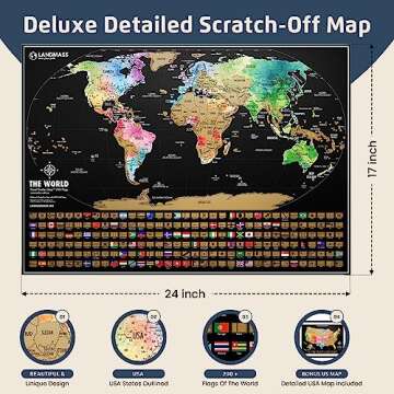 Landmass Scratch Off World Map Poster, Bonus USA Map Included, Track Your Travels with Flags, Detailed World and USA Map, Wall Art for Home or Office, Gift for Travelers and Adventurers, 24x17 Inches