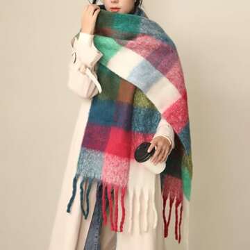 MININAI Chunky Winter Scarfs for Women Cold Weather Warm Knit Thick Plaid Scarf Long Large Oversized Checked Scarves (Navy)