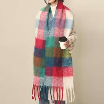 MININAI Chunky Winter Scarfs for Women Cold Weather Warm Knit Thick Plaid Scarf Long Large Oversized Checked Scarves (Navy)