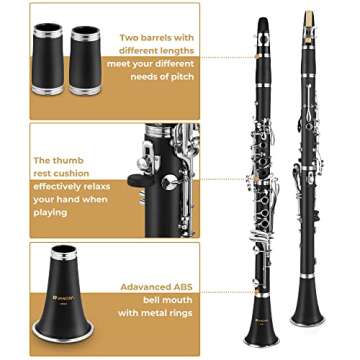 Vangoa Bb Clarinet, B Flat Beginner Student Clarinet Bb Nickel-Plated for School Band Orchestra adult kid with Hard Case, Stand, Cleaning Kit, Barrels, Gloves, Strap, Pads, Reeds