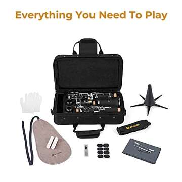 Vangoa Bb Clarinet, B Flat Beginner Student Clarinet Bb Nickel-Plated for School Band Orchestra adult kid with Hard Case, Stand, Cleaning Kit, Barrels, Gloves, Strap, Pads, Reeds