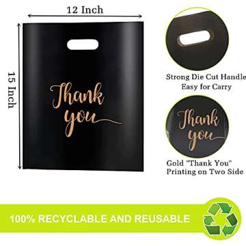 MUKOSEL 100Pcs Thank You Merchandise Bags, Extra Thick 2.36 Mil 12x15 In Retail Plastic Shopping Bags for Small Business Stores Boutique Clothes, Reusable Gift Bags Plastic Bags with Handle (Blacke)