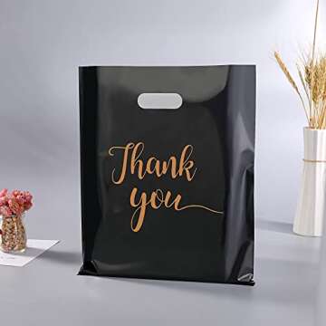 MUKOSEL 100Pcs Thank You Merchandise Bags, Extra Thick 2.36 Mil 12x15 In Retail Plastic Shopping Bags for Small Business Stores Boutique Clothes, Reusable Gift Bags Plastic Bags with Handle (Blacke)