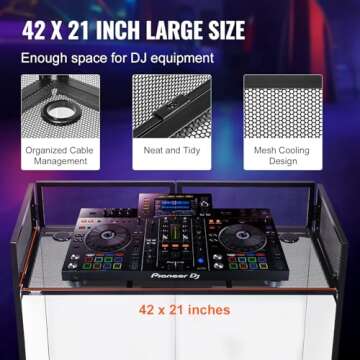 VEVOR DJ Booth, 42" x 21" x 46", Portable DJ Facade Table Station, Foldable DJ Event Booth Facade with 42" x 21" Flat Table Top, DJ Table Stand with Black & White Scrims, Cable Hole, Carrying Bag