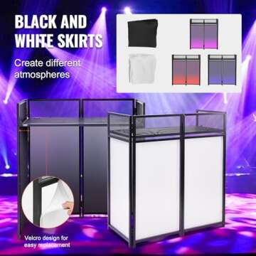 VEVOR DJ Booth, 42" x 21" x 46", Portable DJ Facade Table Station, Foldable DJ Event Booth Facade with 42" x 21" Flat Table Top, DJ Table Stand with Black & White Scrims, Cable Hole, Carrying Bag